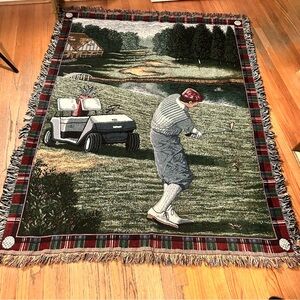 VTG Large Detailed GOLF Tapestry Throw “DAD”Pond Trees Lodge 70” L X 52” W